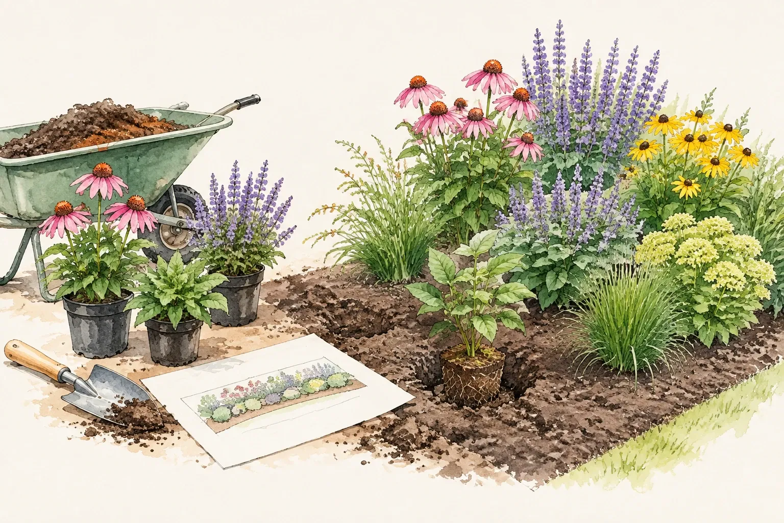 Tuinborder met ingegraven vaste planten, plantenplan, kruiwagen en tuingereedschap