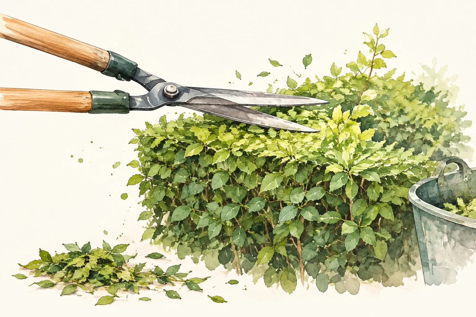 Tuinman snoeit groene heg met heggenschaar, gesnoeide takken en emmer zichtbaar