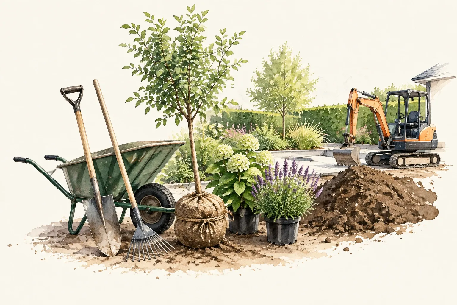 Kruiwagen, schep en hark naast jonge bomen met wortelkluit en minigraver in tuinwerkzaamheden
