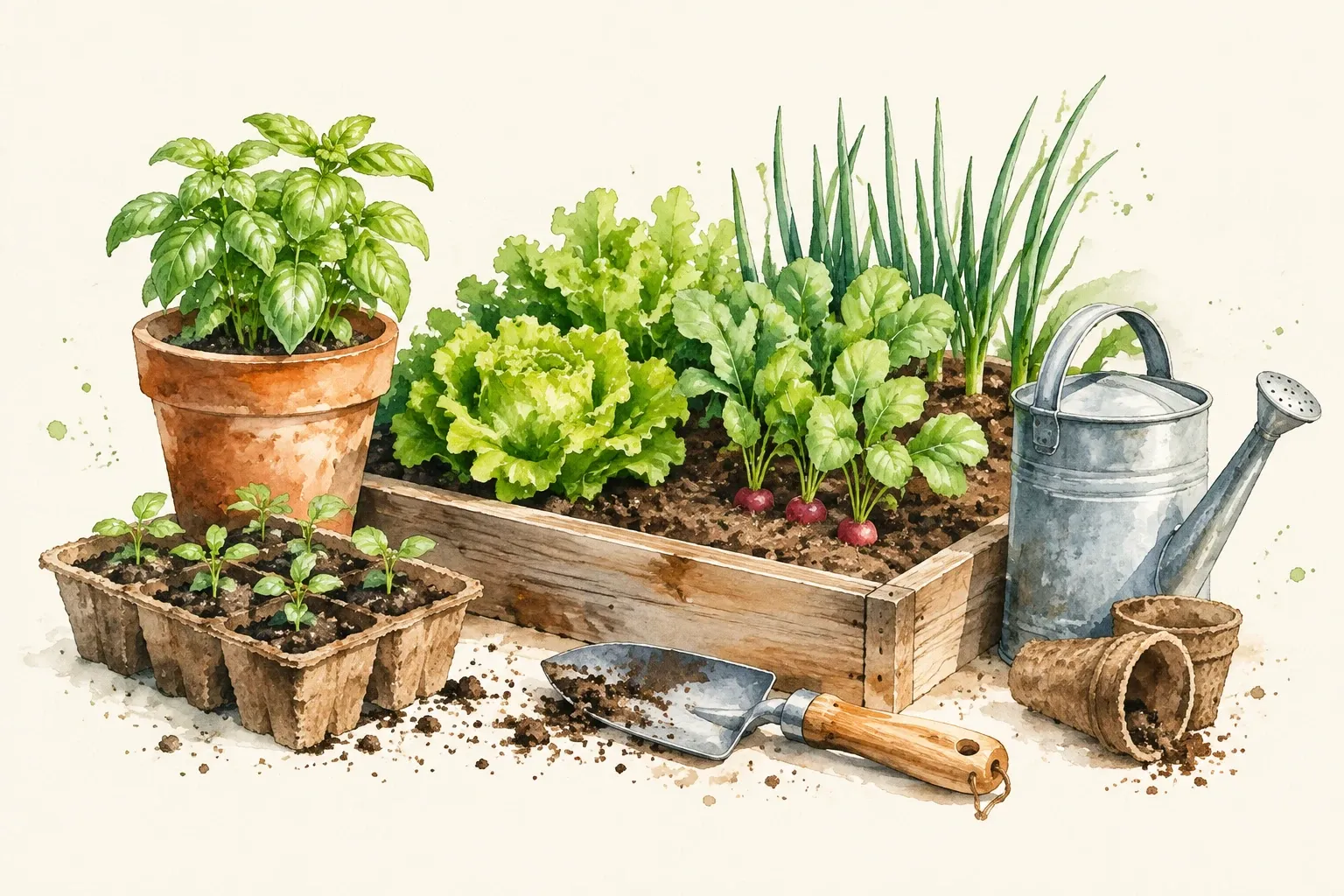 Kruidentaart in pot, groentebed met sla, radijs en plantenspade naast gieter