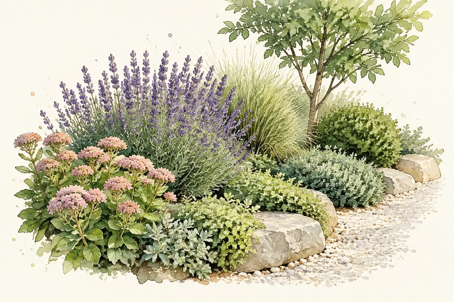 Luwe tuinborder met lavendel, sedum, siergras, groenblijvende struiken en kiezels