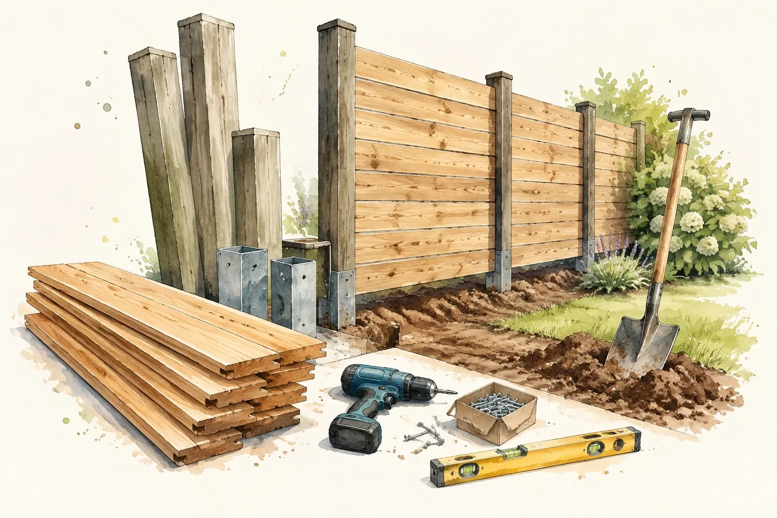 Aangelegde houten schutting met palen, stapel planken, boormachine, waterpas en schop
