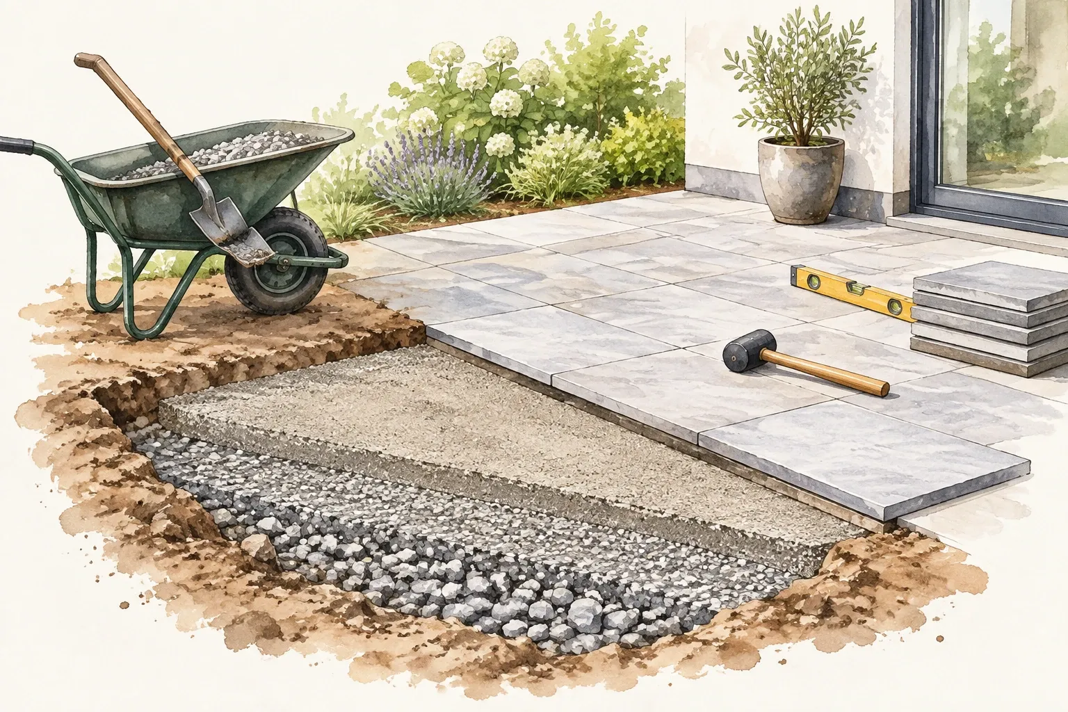 Terrastegels half gelegd op zand- en grindfundering met kruiwagen en rubberen hamer
