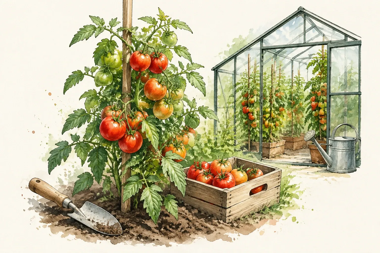 Rijpe tomaten aan plant naast krat met geoogste tomaten en gieter bij kas