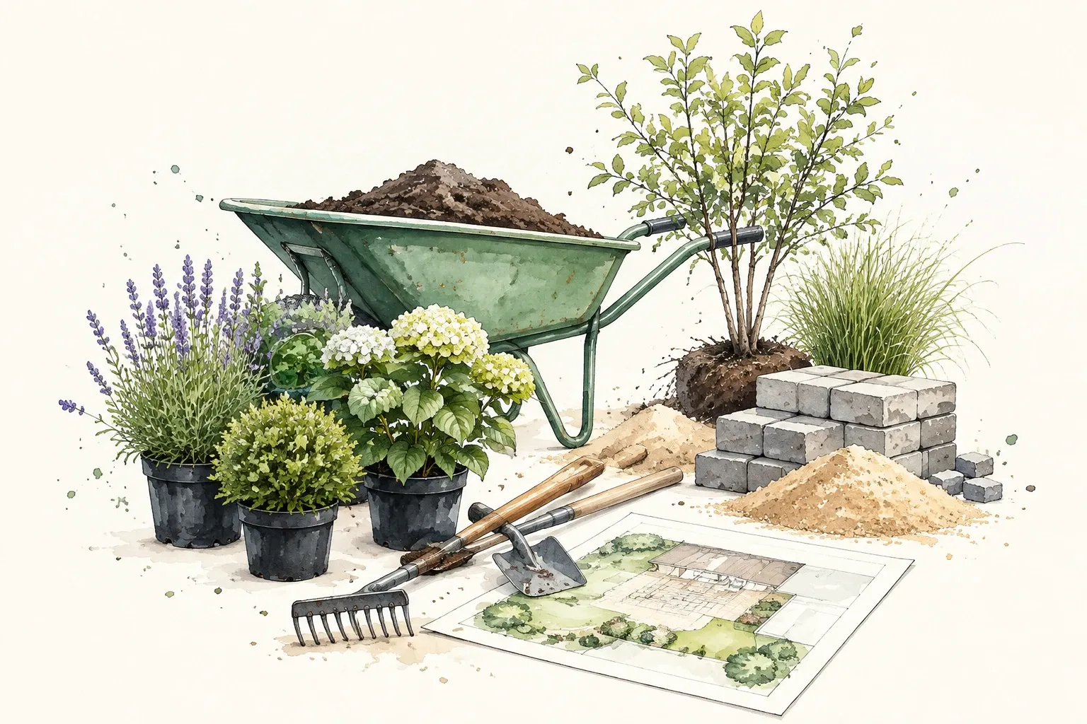 Kruiwagen met aarde, beplanting, tuinplan, gereedschap en stapel bestratingsstenen