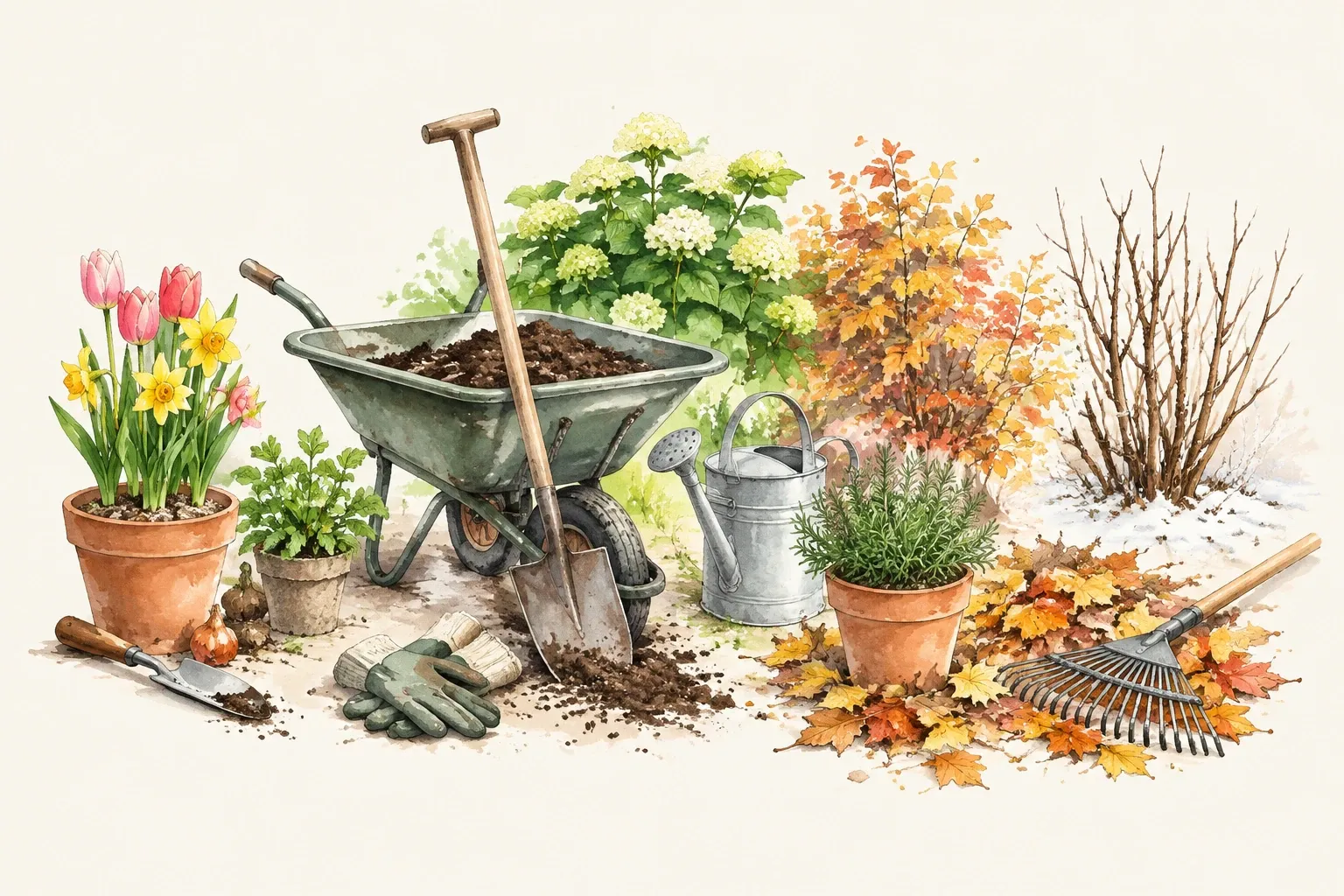 Kruiwagen met aarde, schep, gieter, handschoenen en herfstbladeren rondom potplanten