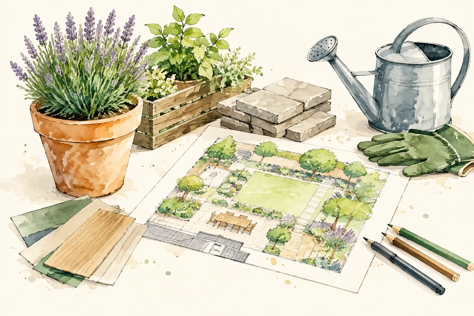 Tuinontwerptekening met gieter, tuinhandschoen, bakstenen en potplanten