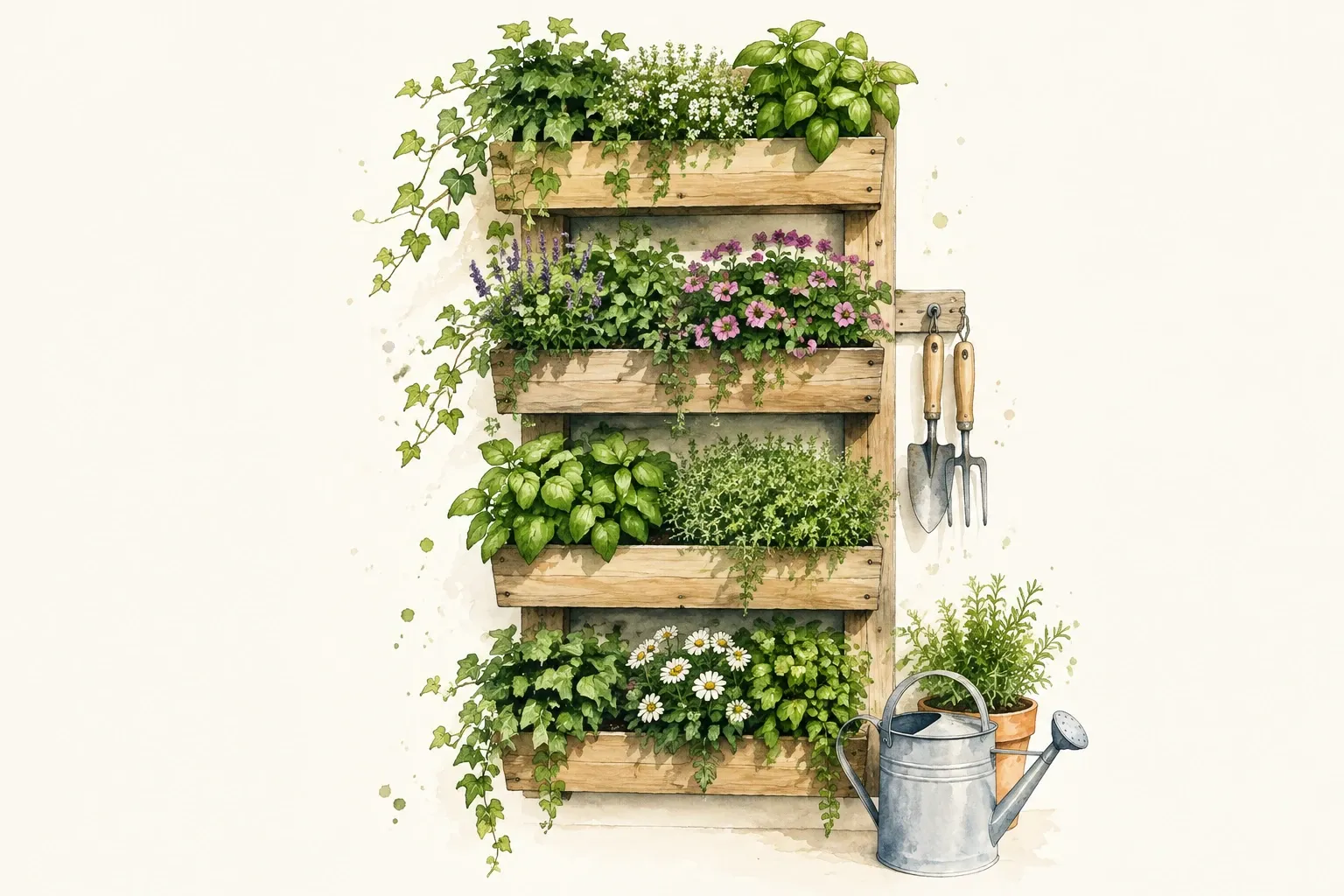 Houten verticale plantenbak met vijf vakken vol kruiden, bloemen en klimplanten, gieter en tuingereedschap